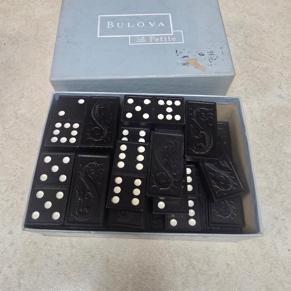 Vtg Dominoes Set Black Dragon Embossed Double Six Original Box